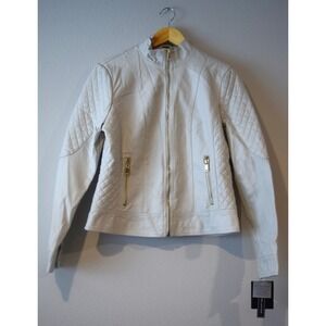 Giacca Women's White/Cream‎ Quilted Moto Jacket Faux Leather Zip Up Size M